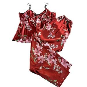 Women's Satin PJ Set Cami Top and bottoms Burgandy Pink Floral XL
